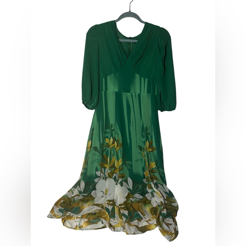 SOHO Apparel Ltd Women’s Green Floral Midi Dress Size M V-Neck Sheer Sleeves